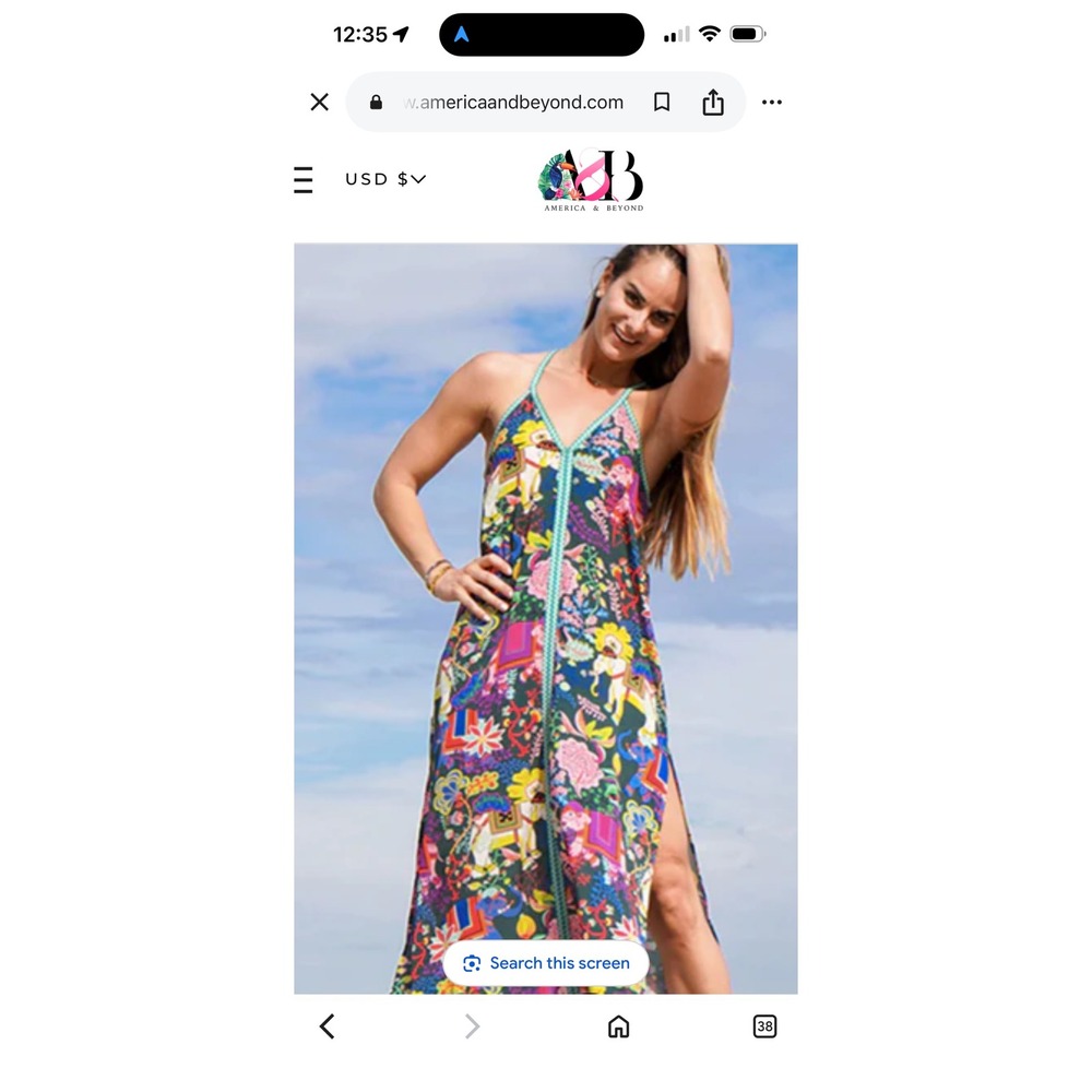 America & Beyond Elephant Floral Print Maxi Dress V-Neck Turquoise Trim Large Nw